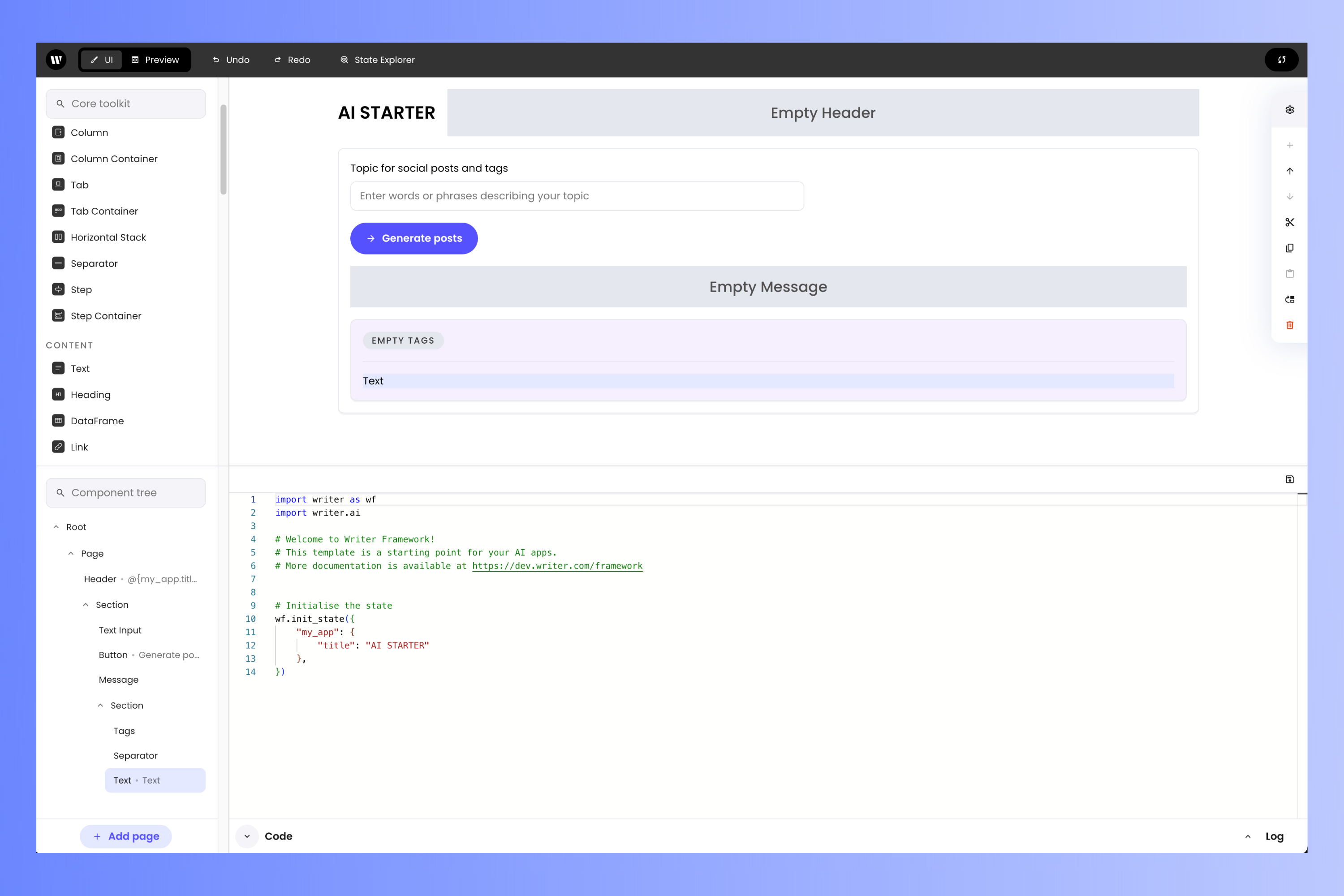 Project editor with the code editor displayed
