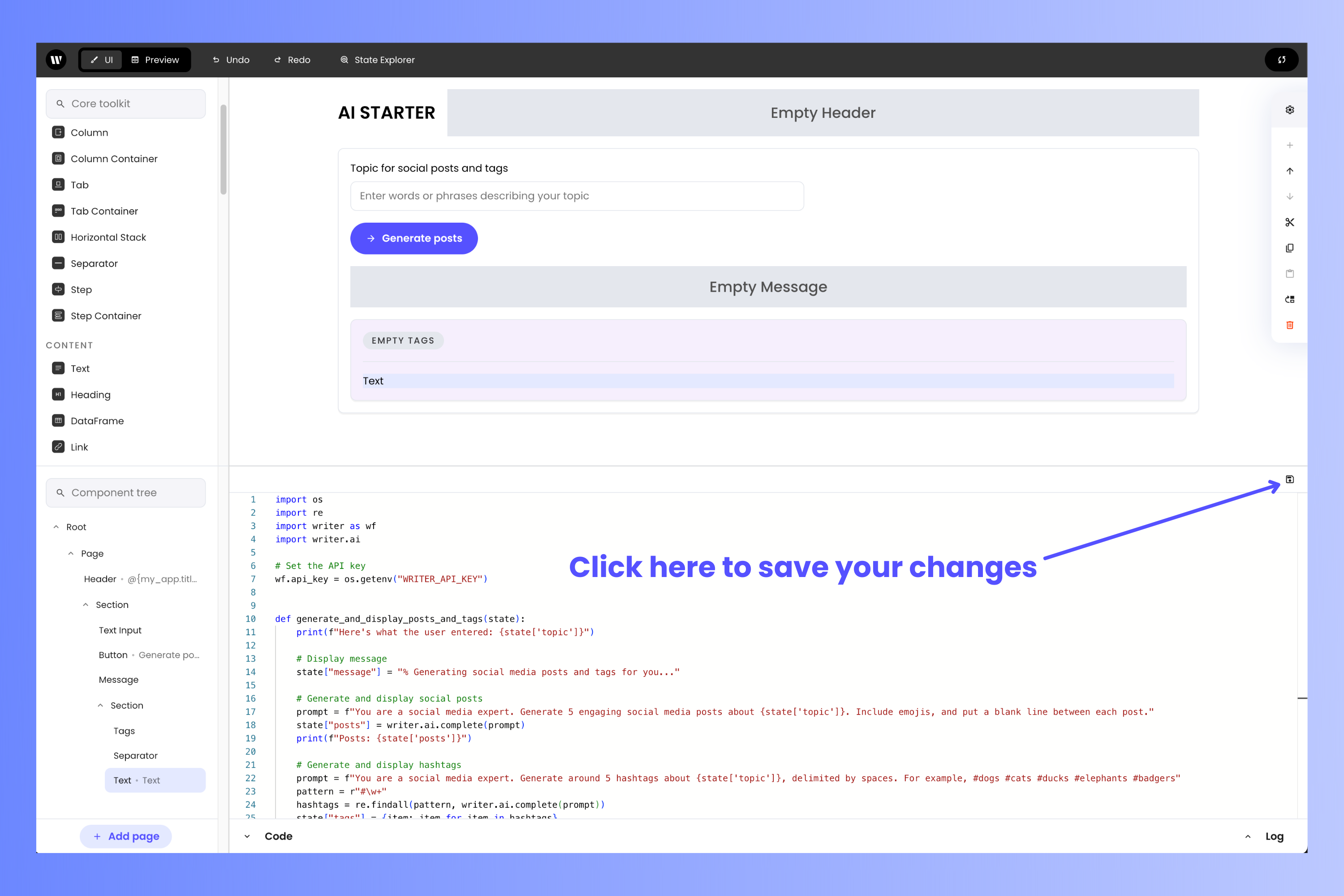 Project editor and code editor, with arrow pointing to save button