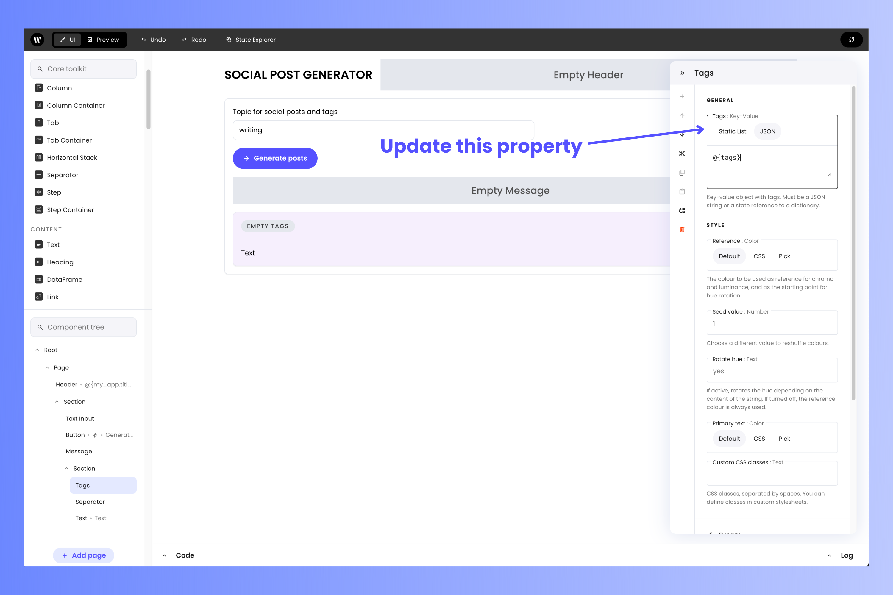 Updating the tags component's tags property