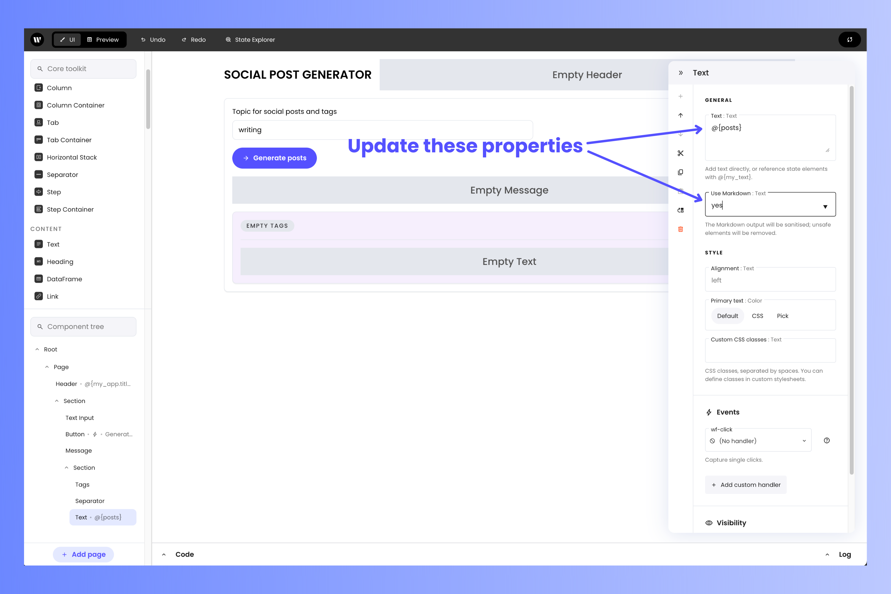 Updating the text component's properties