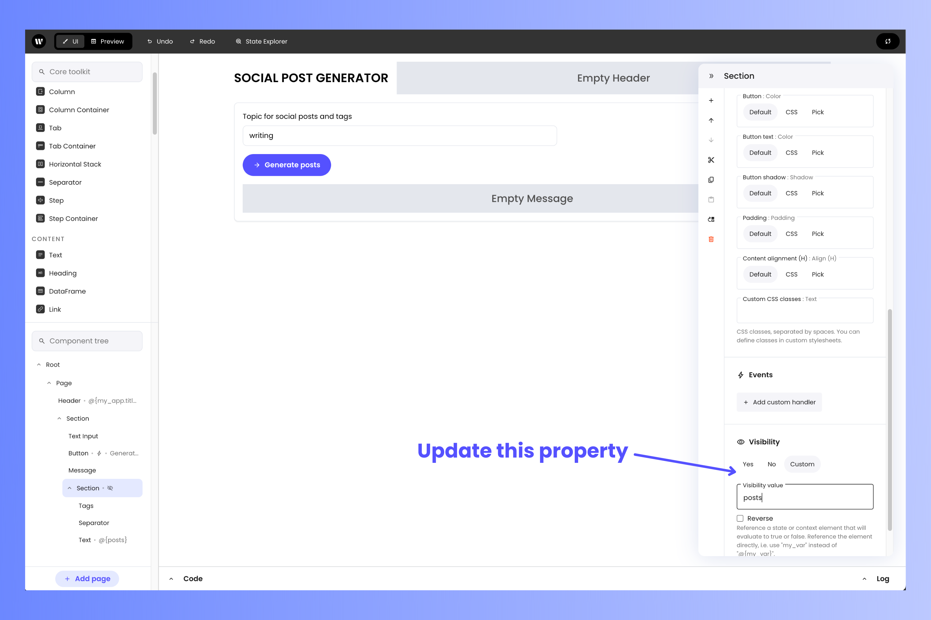 Updating the inner section's visibility property