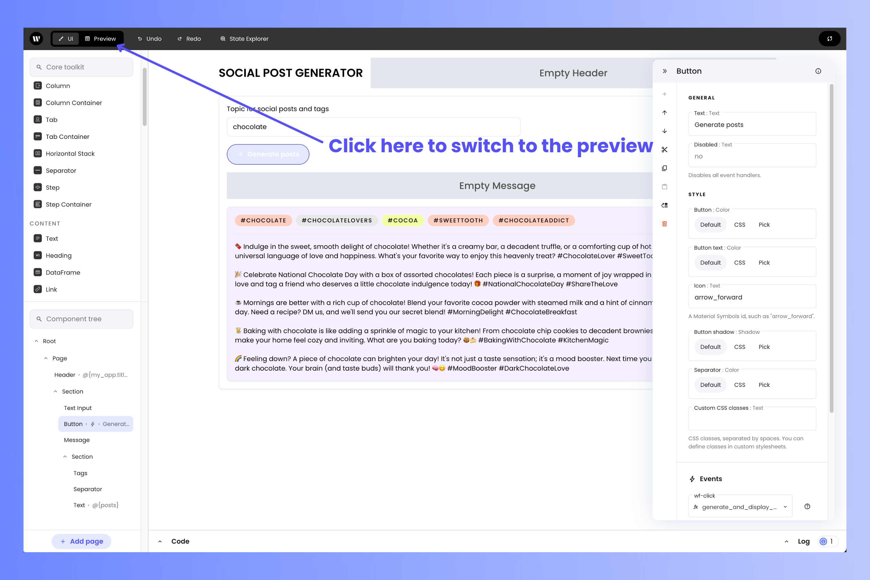 The project editor with an arrow pointing to the Preview button