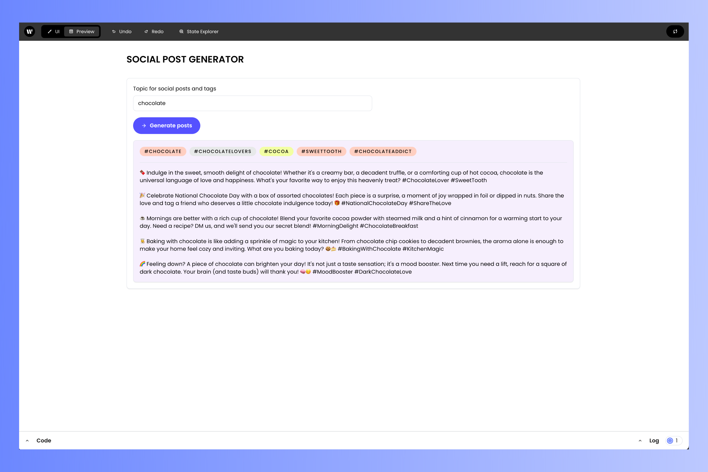 The working social post generator, with the project editor in "Preview" mode