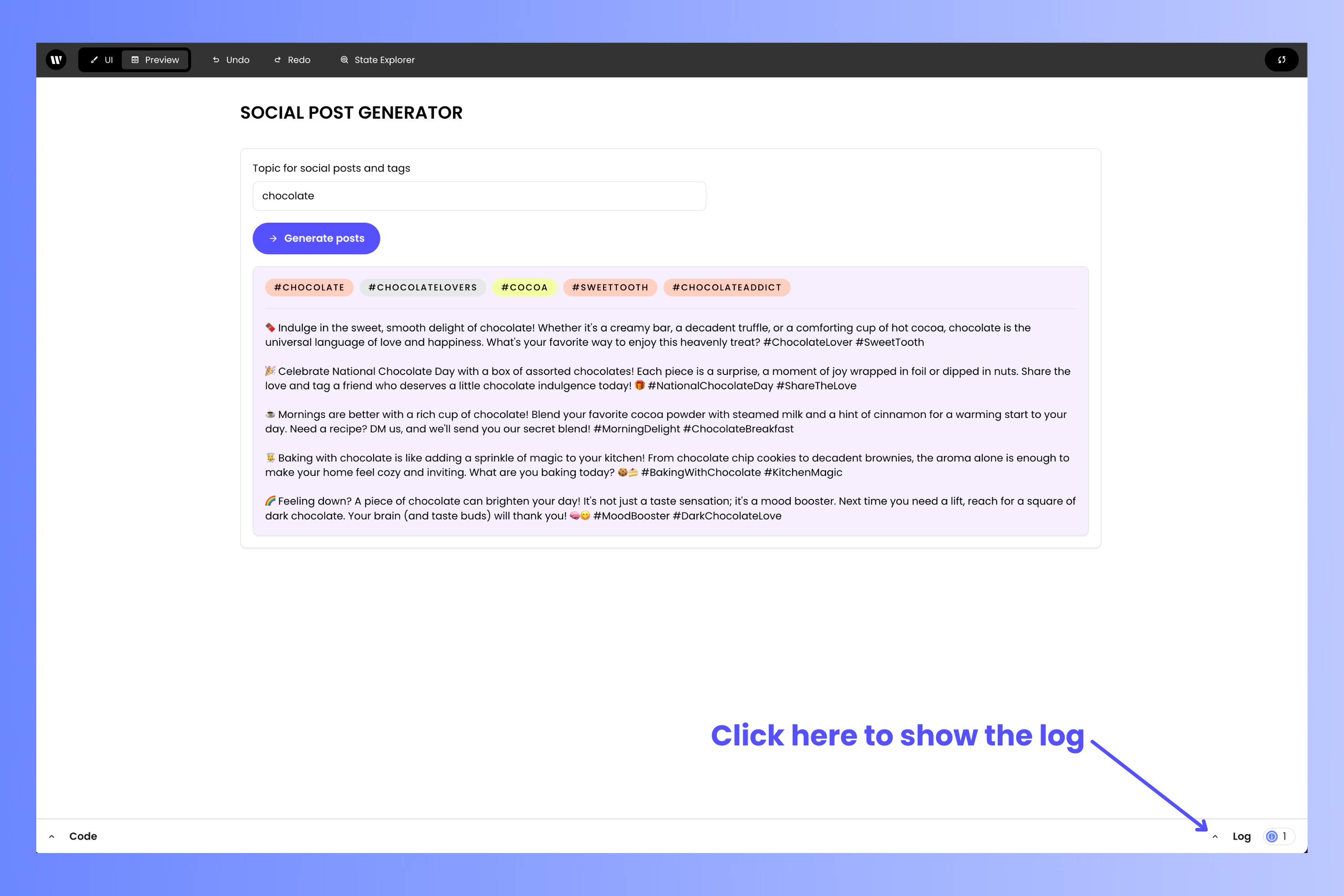 The social post generator with an arrow pointing to the Log button
