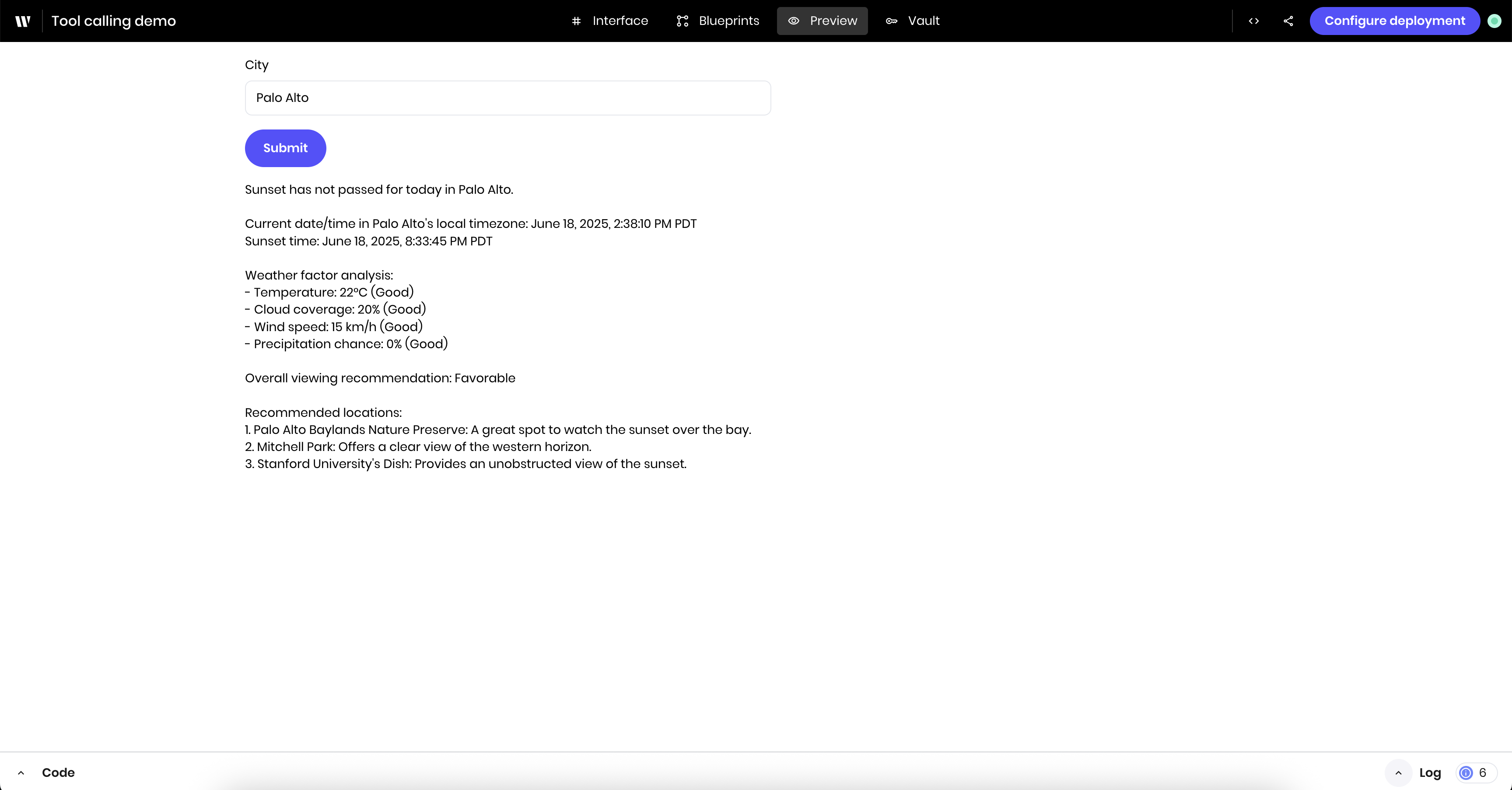A preview of the agent interface showing a text input for city name and a submit button