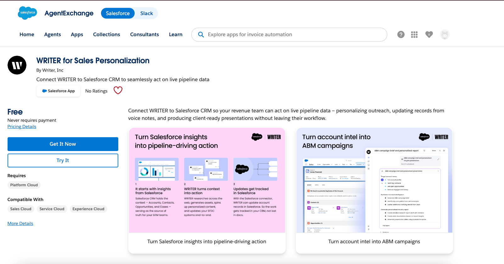 The Writer for Sales Personalization listing on Salesforce AgentExchange, with the Get It Now button in the left sidebar