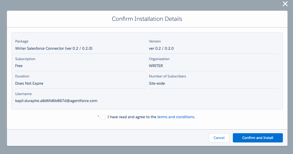 The Confirm Installation Details dialog, showing the package version, subscription, and organization, with the Confirm and Install button