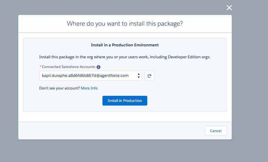 The Install in Production dialog, showing the connected Salesforce account and the Install in Production button