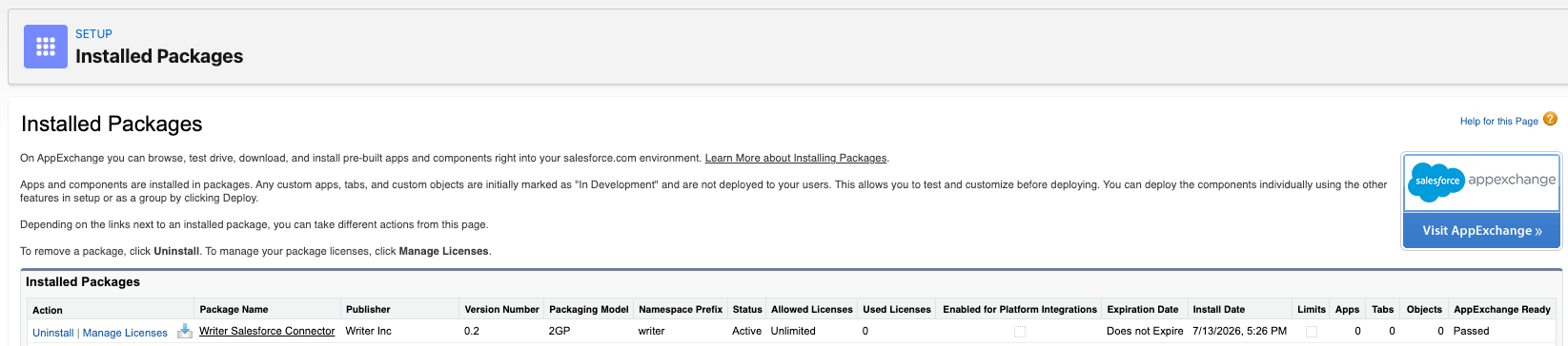 The Installed Packages page in Salesforce Setup, showing Writer Salesforce Connector with an Active status