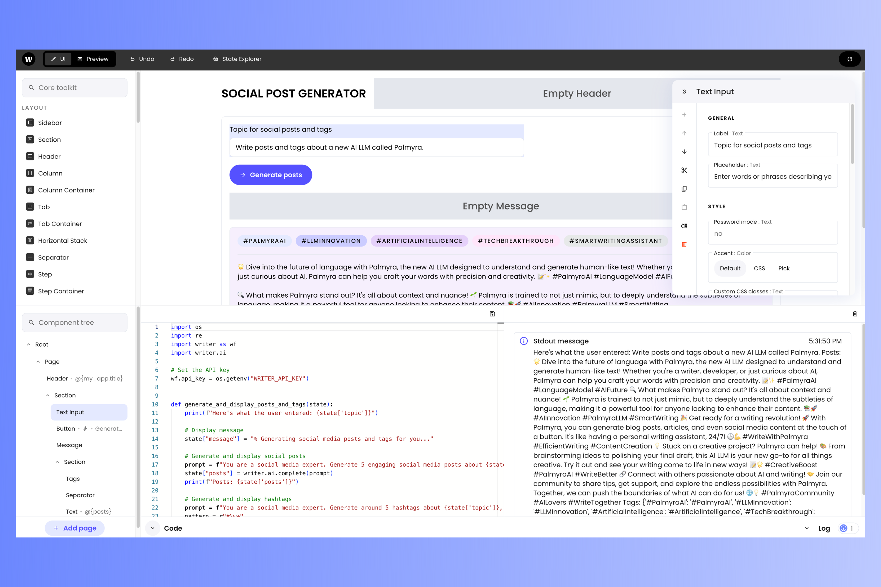 Writer Framework Builder, with the Code editor and Log displayed at the same time