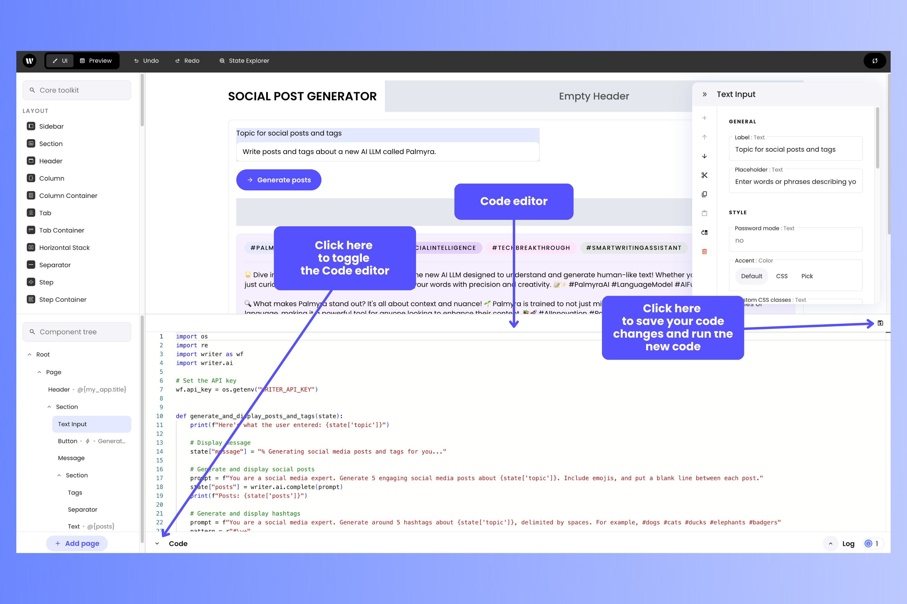 Writer Framework Builder, with the Code editor displayed