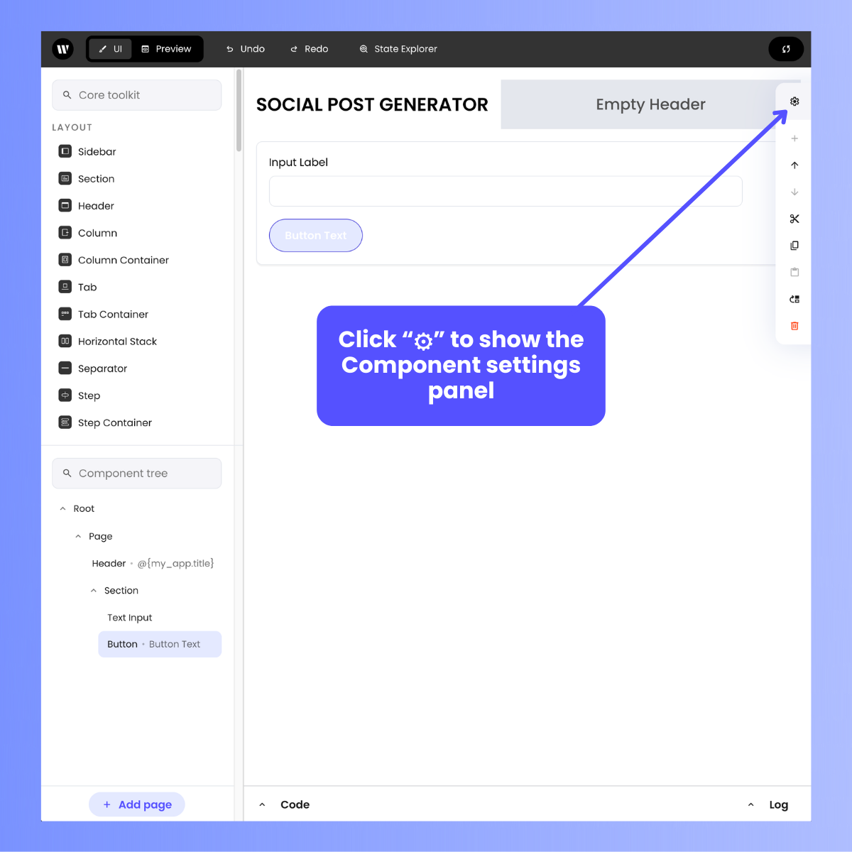 Writer Framework Builder, with Component settings panel hidden, and instructions to show the panel