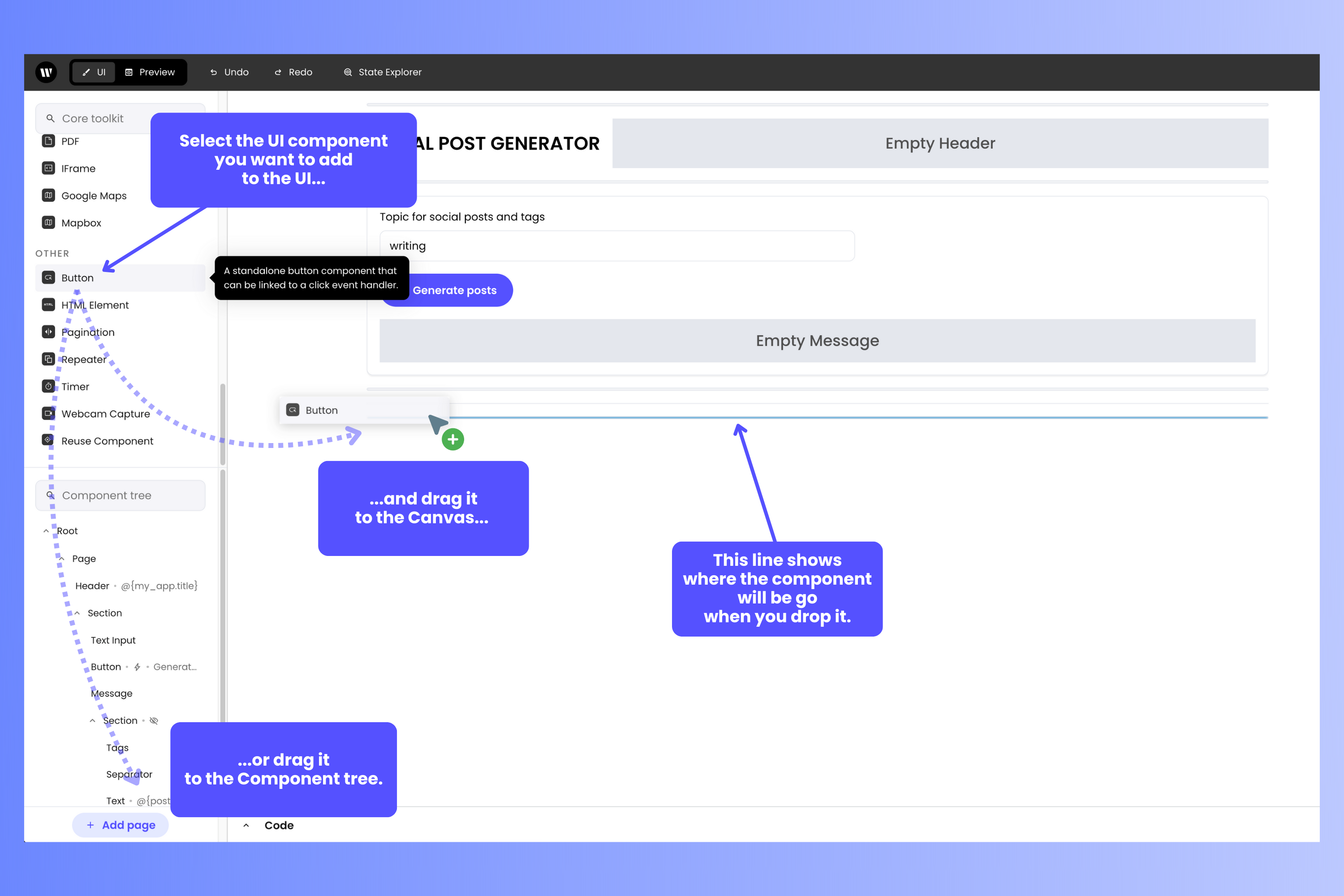 Writer Framework Builder with diagram showing how to drag and drop components from Core toolkit