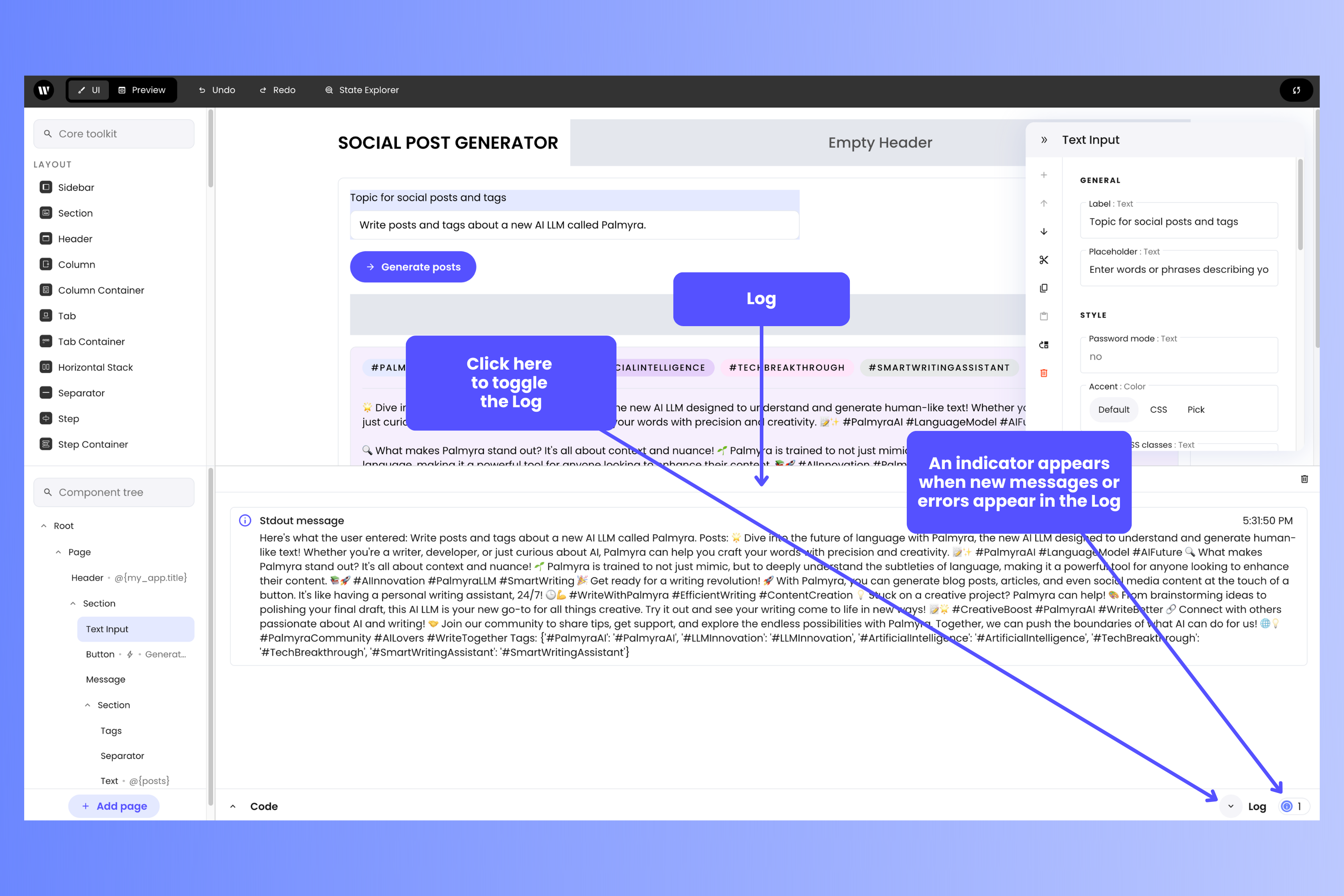Writer Framework Builder, with the Log editor displayed