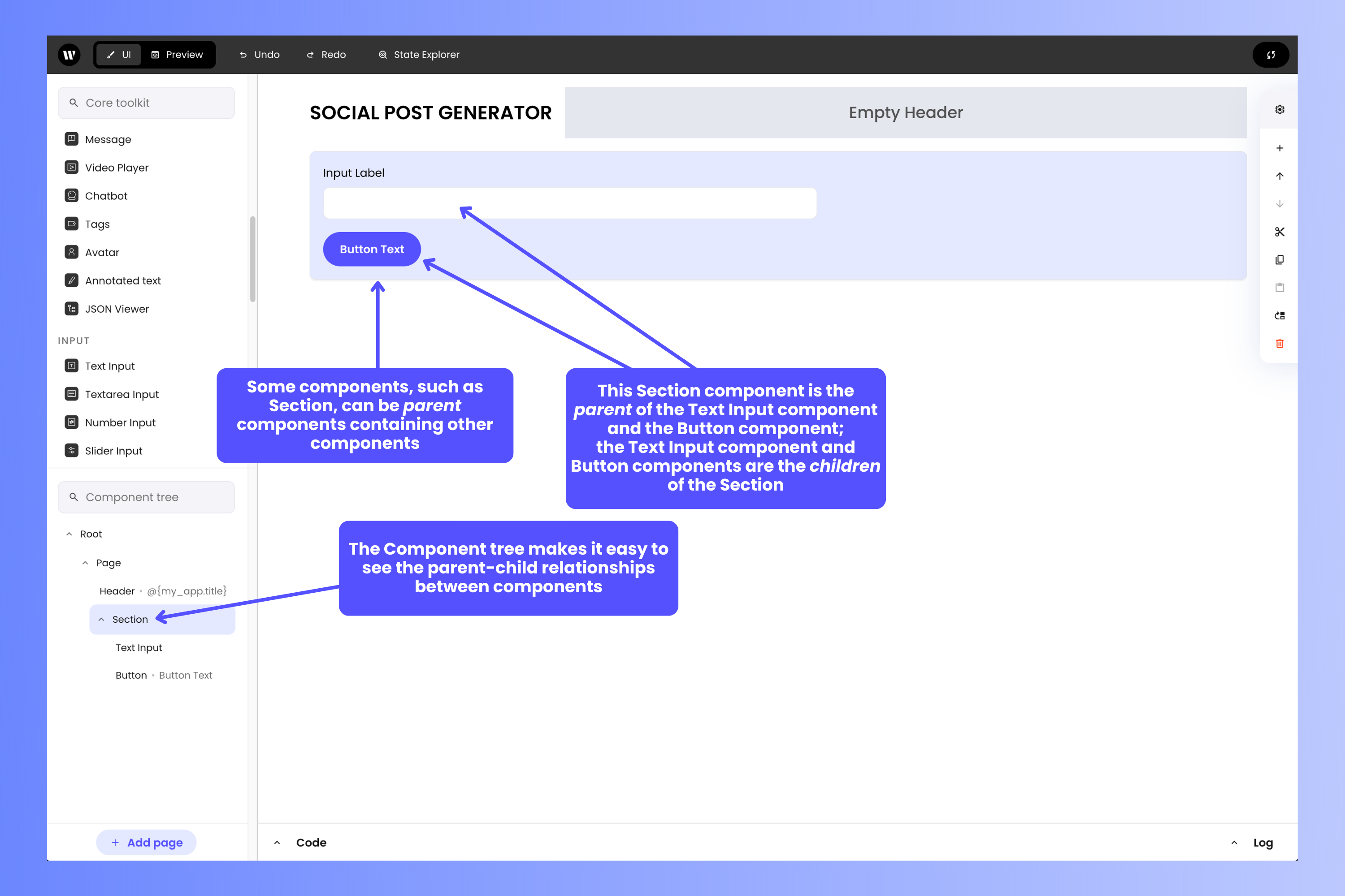 Writer Framework builder, showing parent-child relationship between a Section and the Text Input and Button components it contains