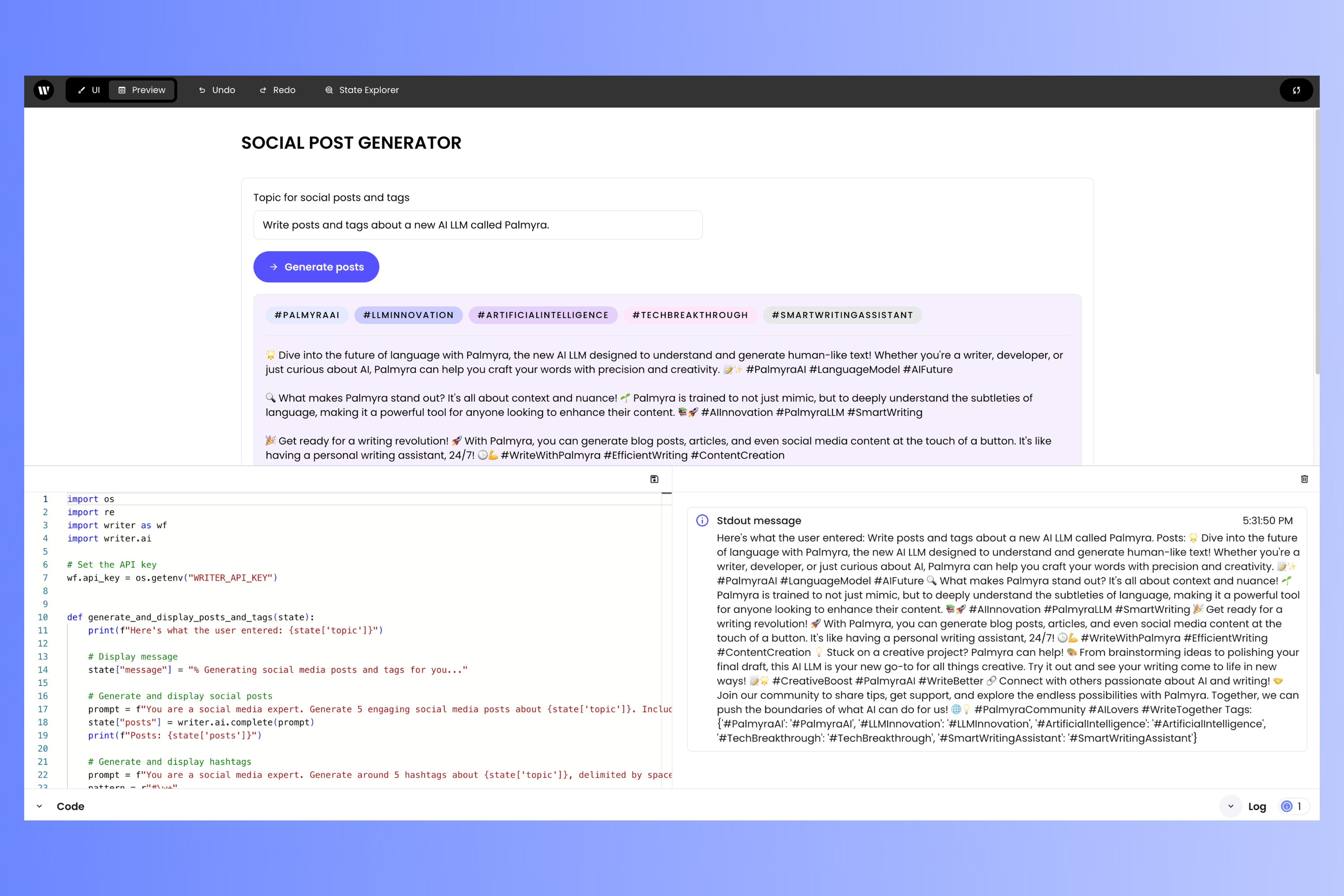 Writer Framework Builder in Preview mode, with the Code editor and Log displayed at the same time