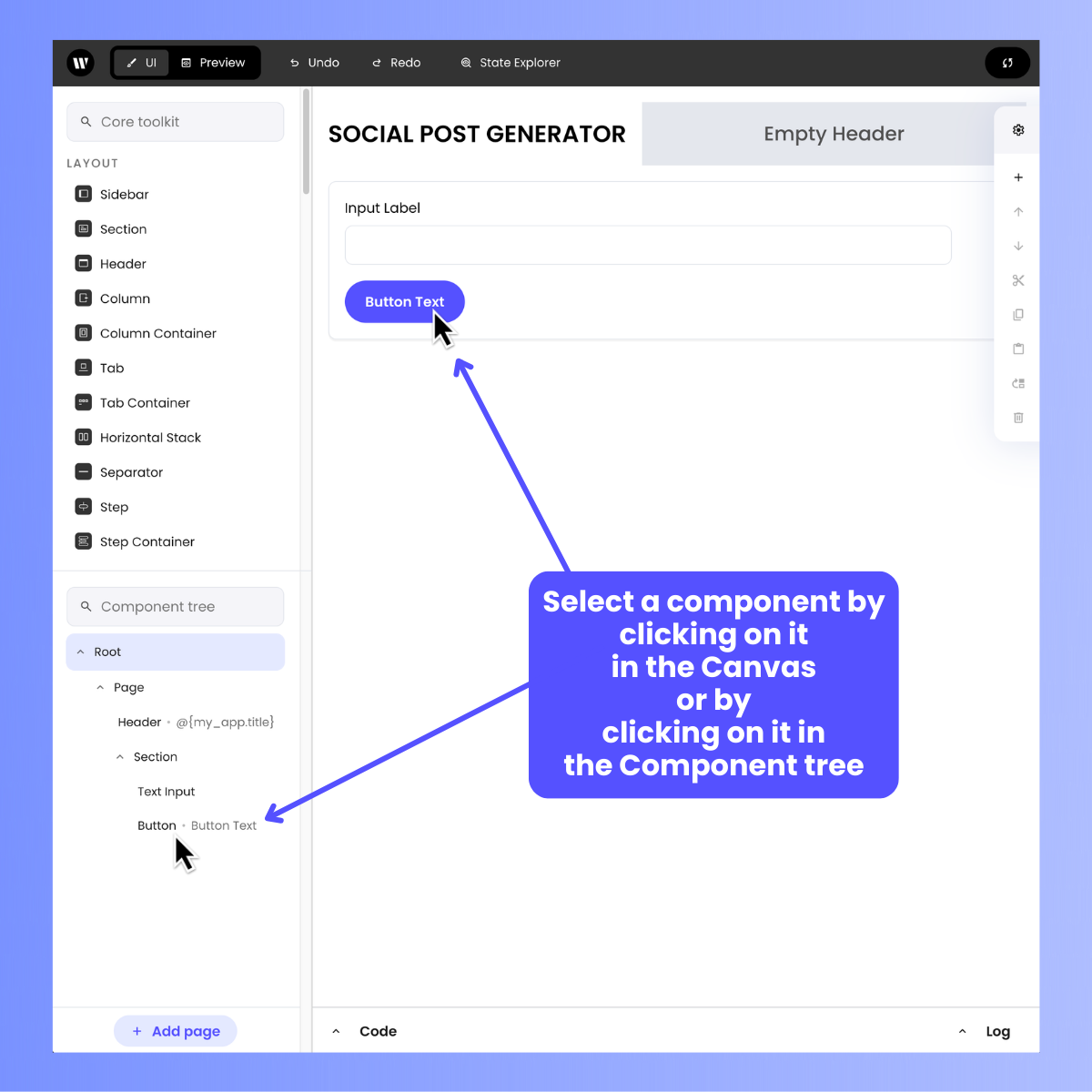 Writer Framework Builder, with instructions to select a component by clicking on it either on the Canvas or in the Component tree
