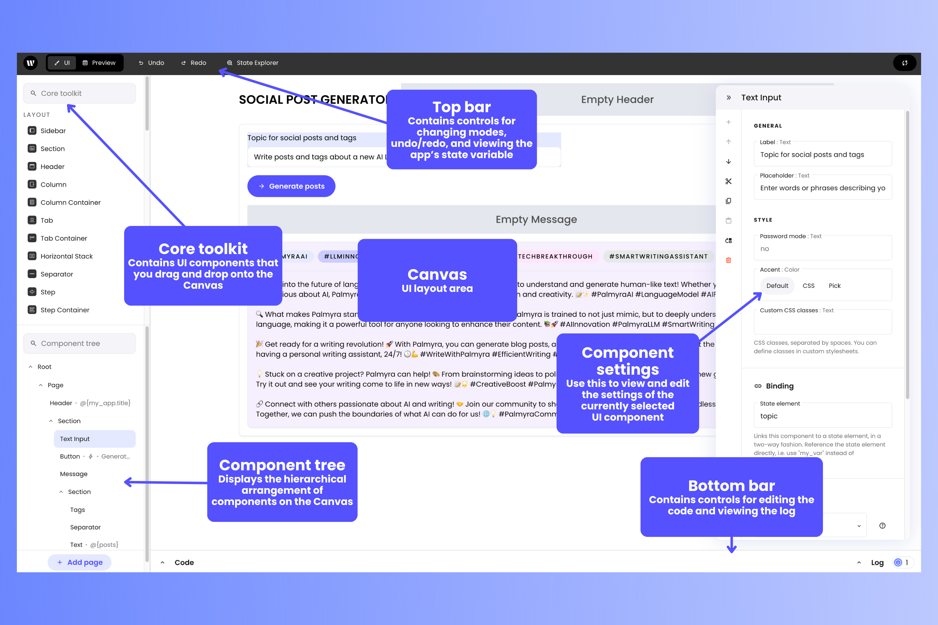 Writer Framework Builder in UI mode, with indivdual areas labeled