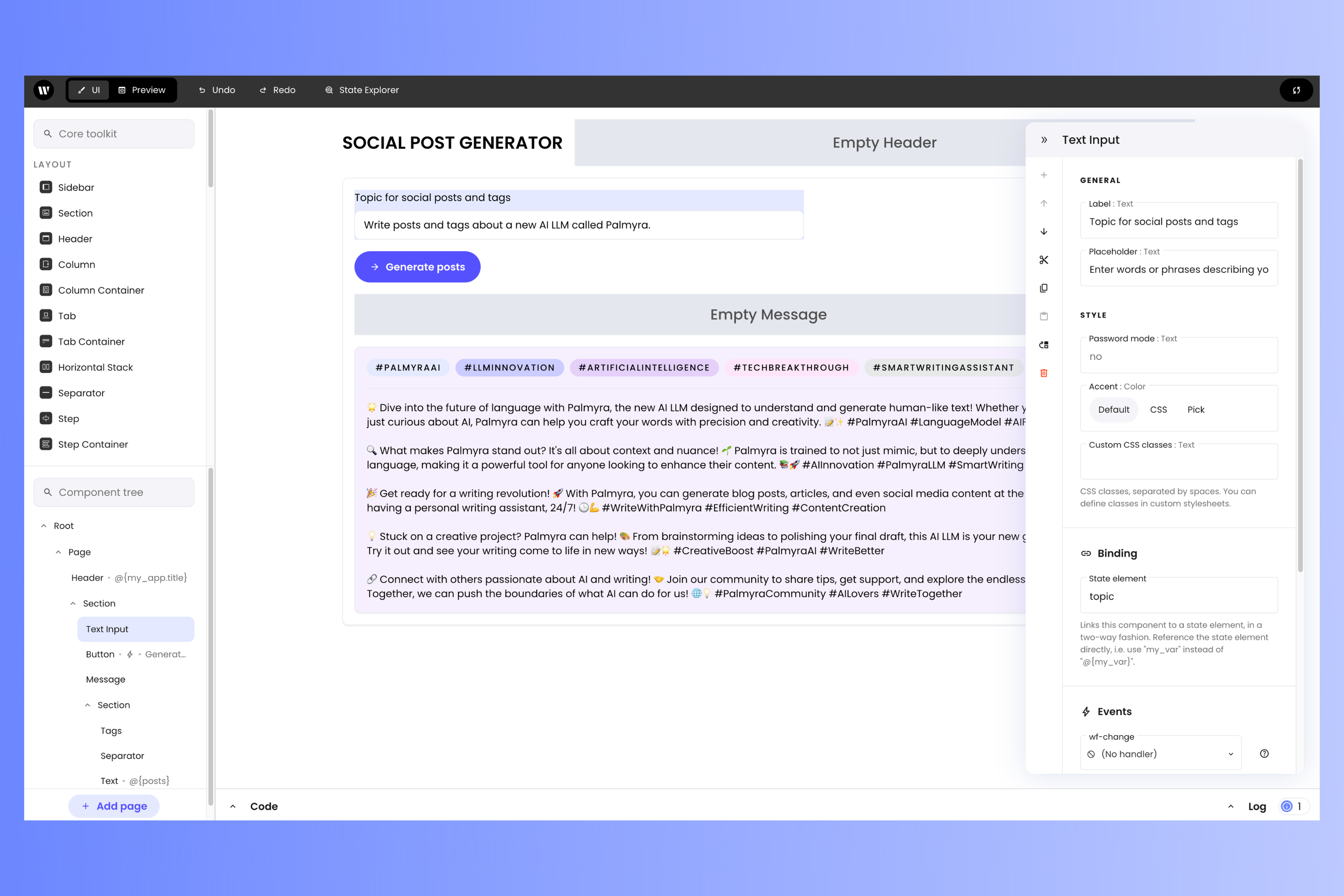 Writer Framework Builder in UI mode
