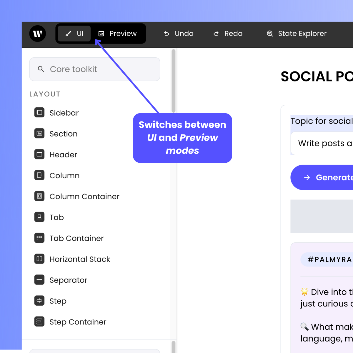 Writer Framework Builder’s UI/Preview selector