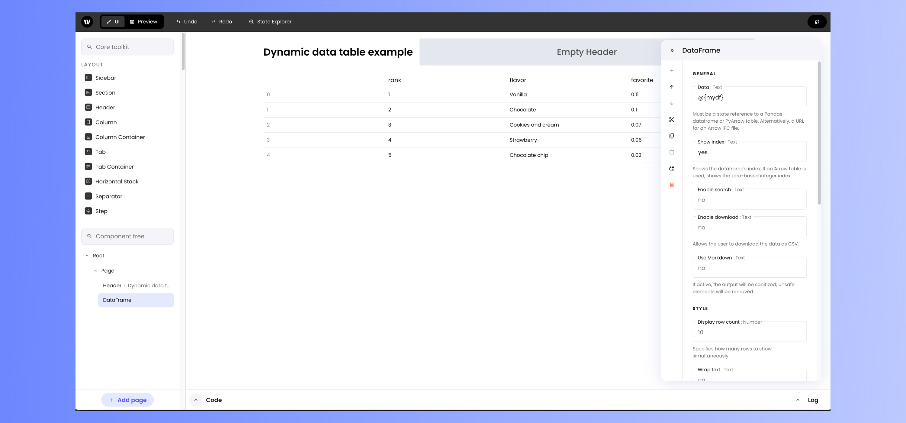 DataFrame for dynamic table example with properties panel open