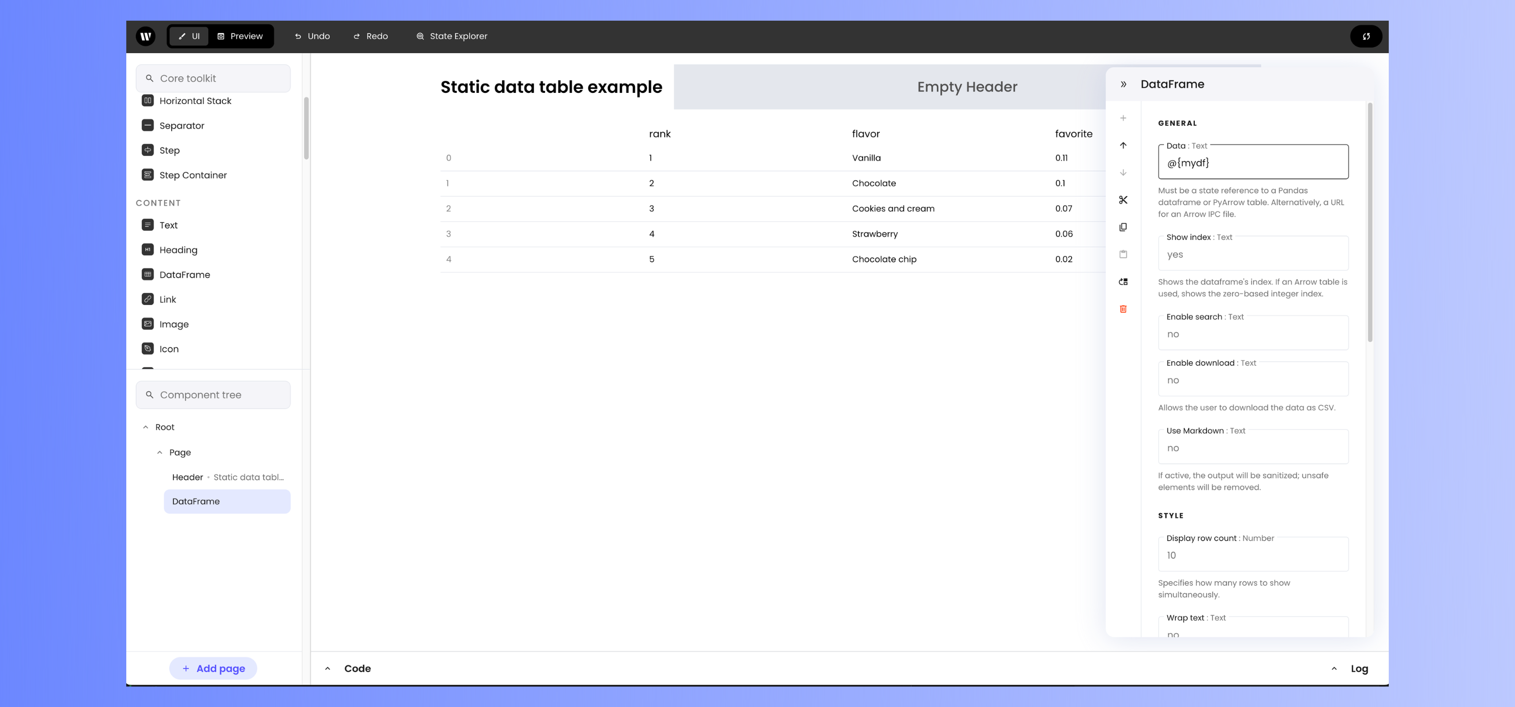 DataFrame for static table example with properties panel open