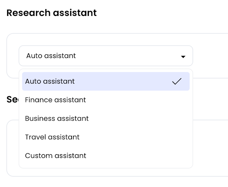 "Research" drop-down menu displaying all options