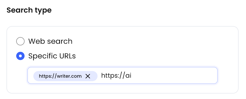 Search type menu, with "Specific URLs" selected, and text field for entering URLs