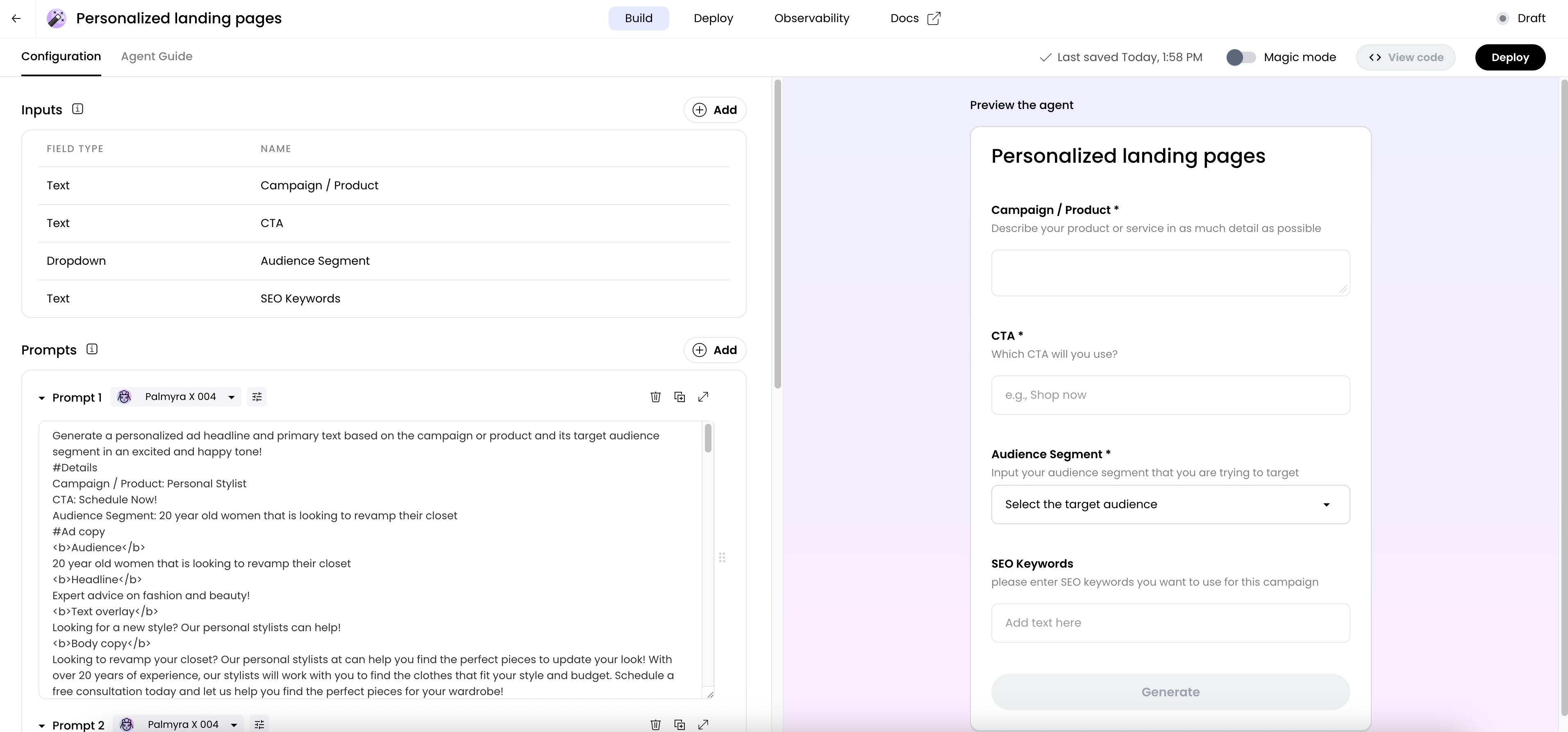 Agent with text generation