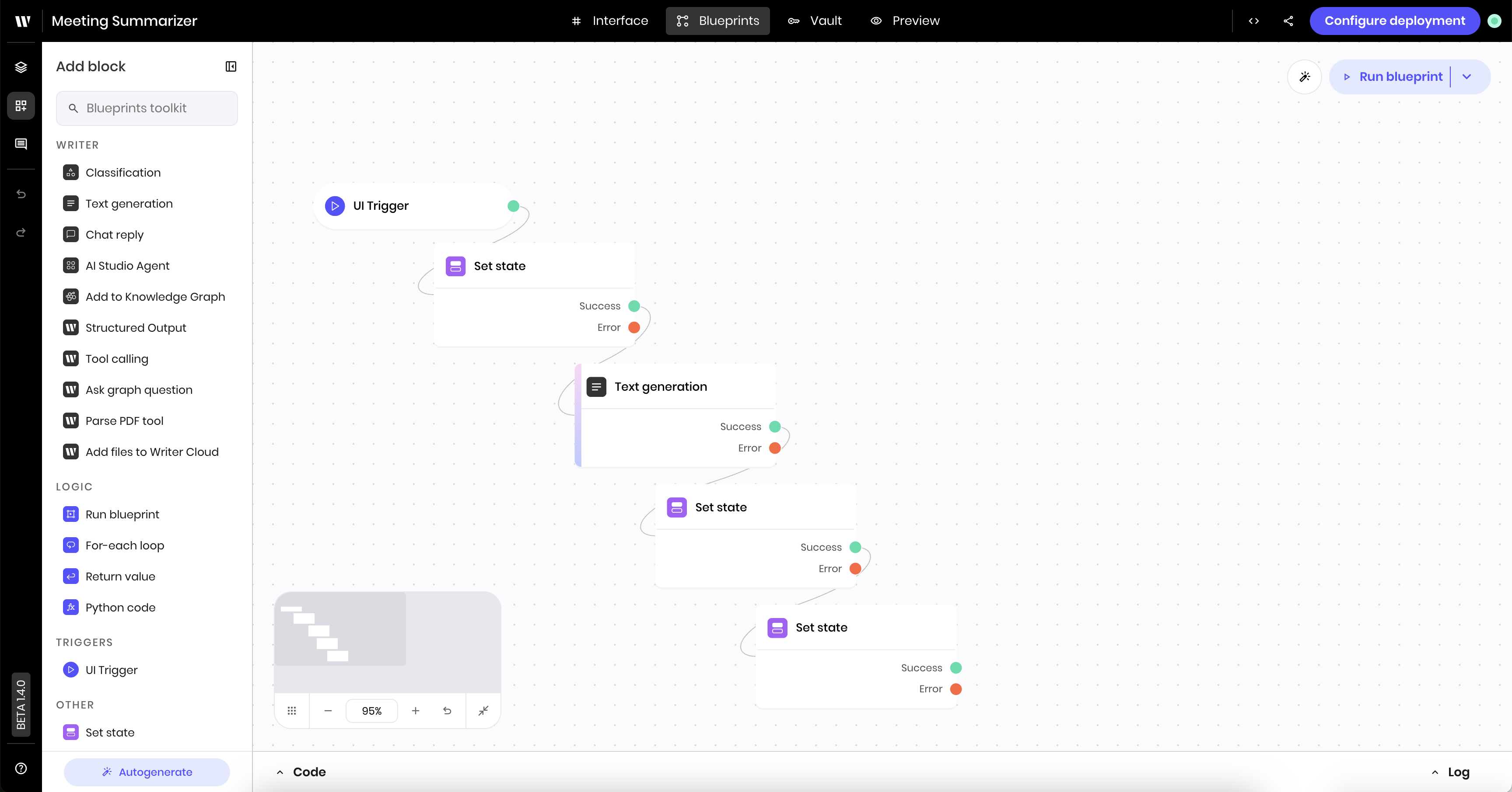 Agent Builder blueprint with blocks for processing meeting notes and generating summaries