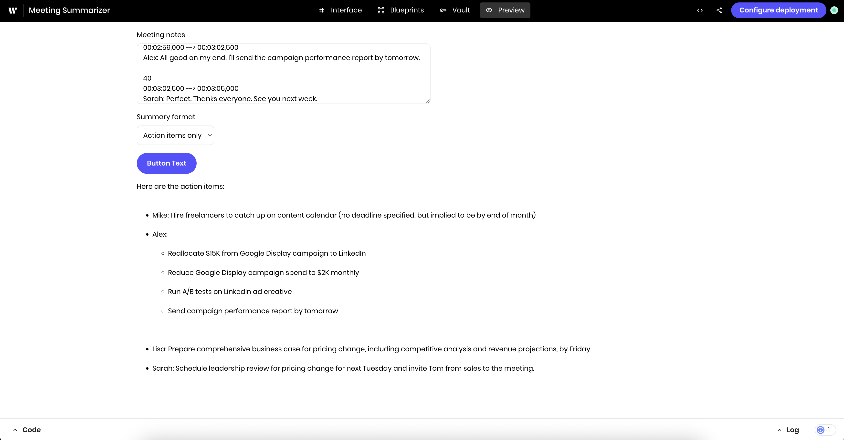 Agent Builder interface showing text input for meeting notes and dropdown for summary format