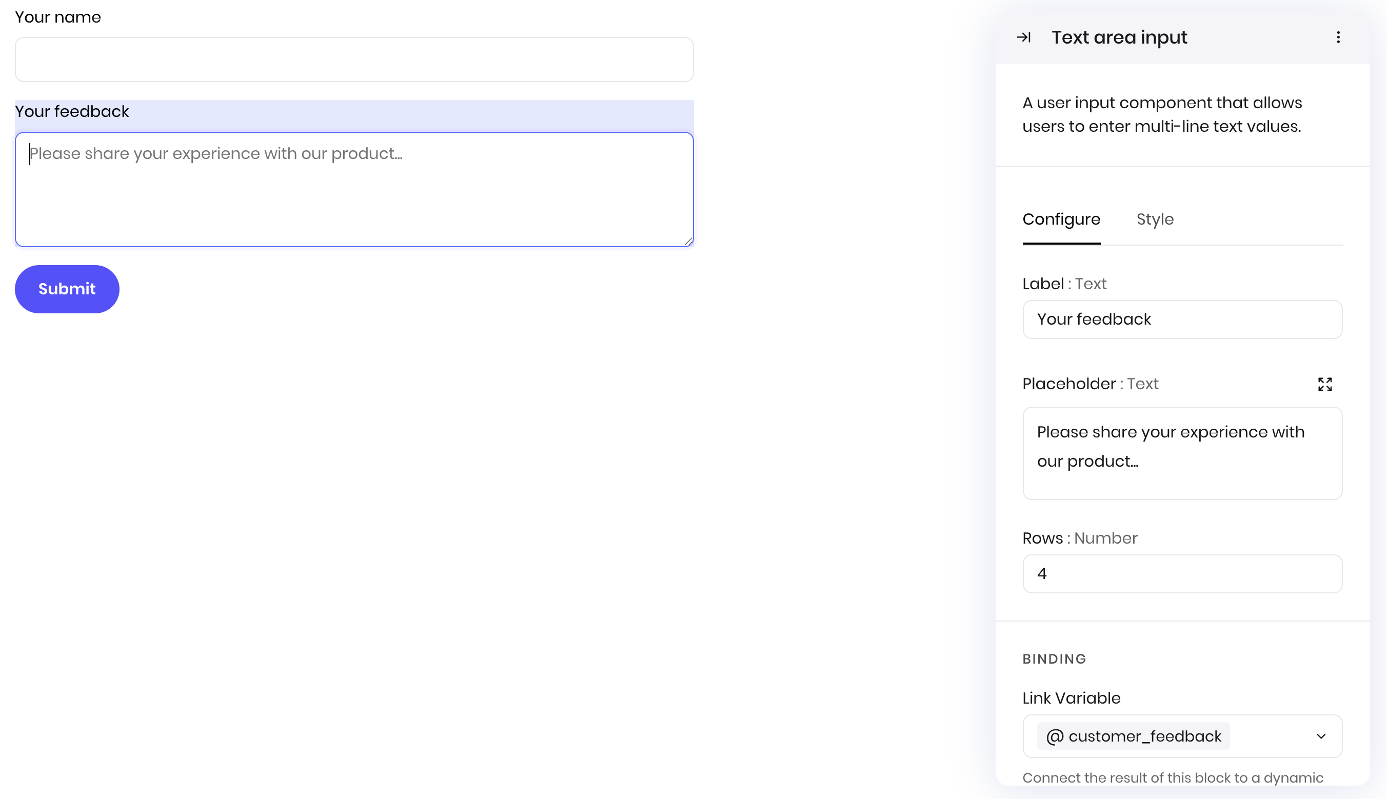 Text area Input configuration