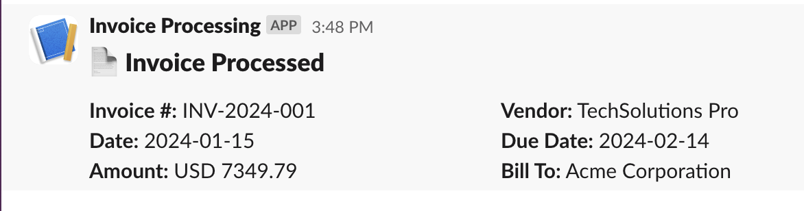 Invoice processing Slack message