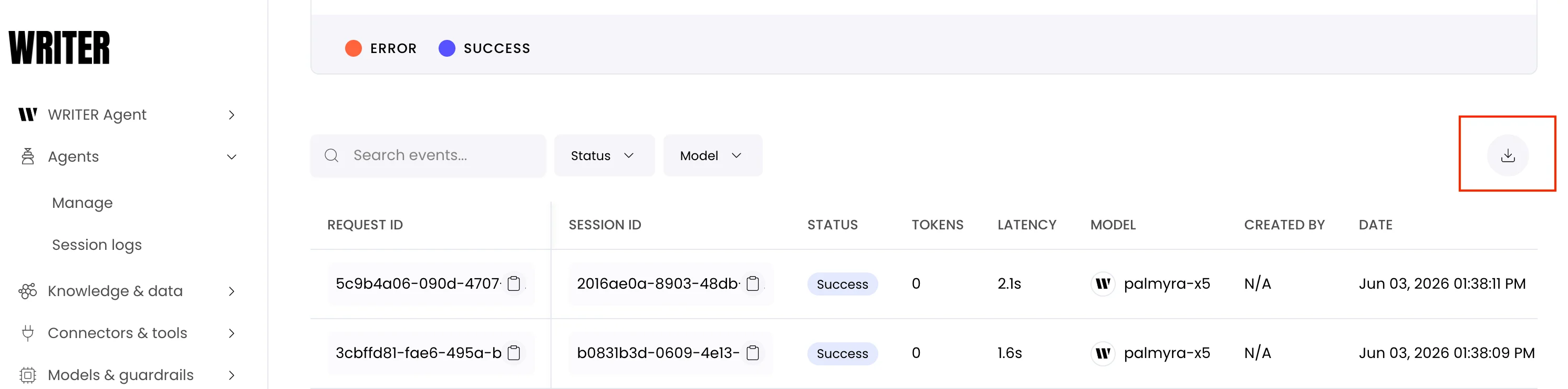 Download button on the Observability page, to the right of the Status and Model filters