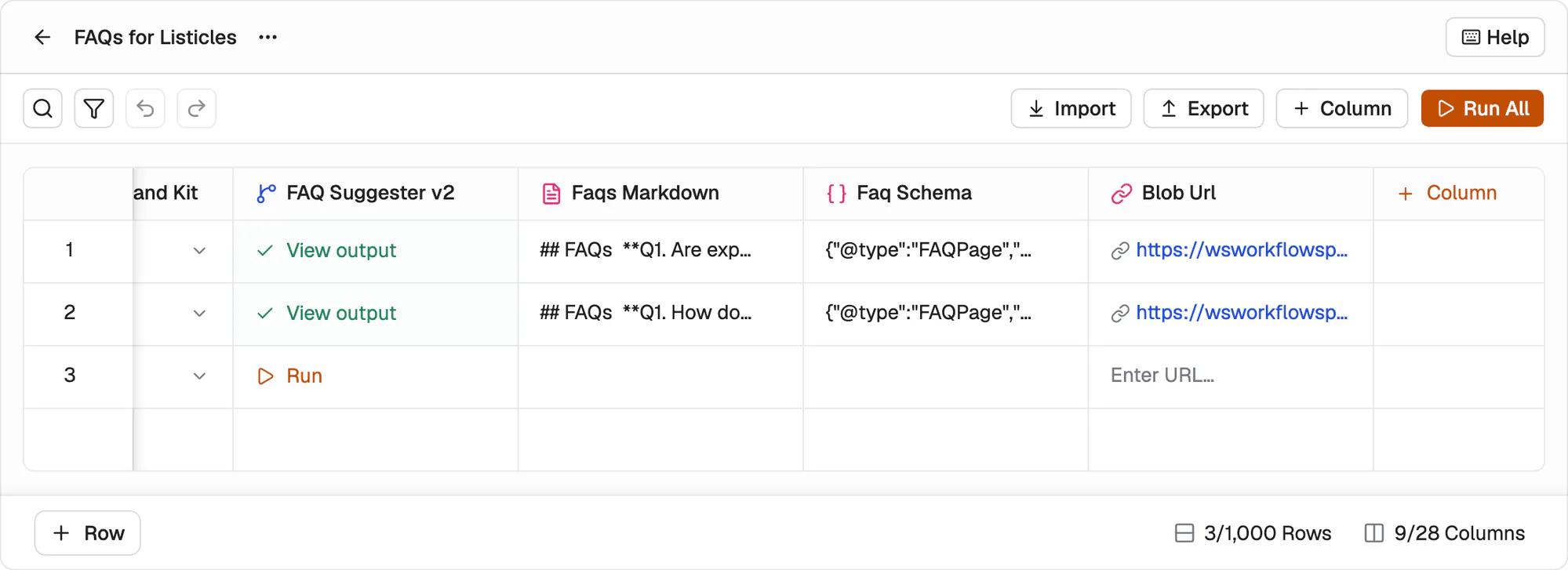 The playbook column of a grid showing View output on two rows and Run on a third, followed by the FAQ markdown and schema output columns