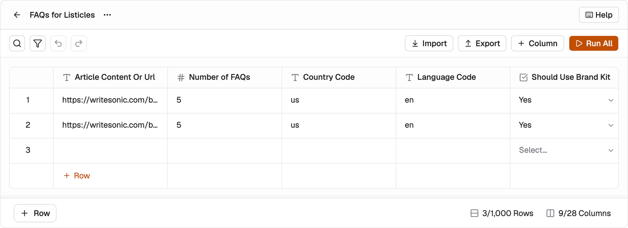 A grid showing the input columns of an FAQ playbook: article URL, number of FAQs, country code, language code and Brand Kit