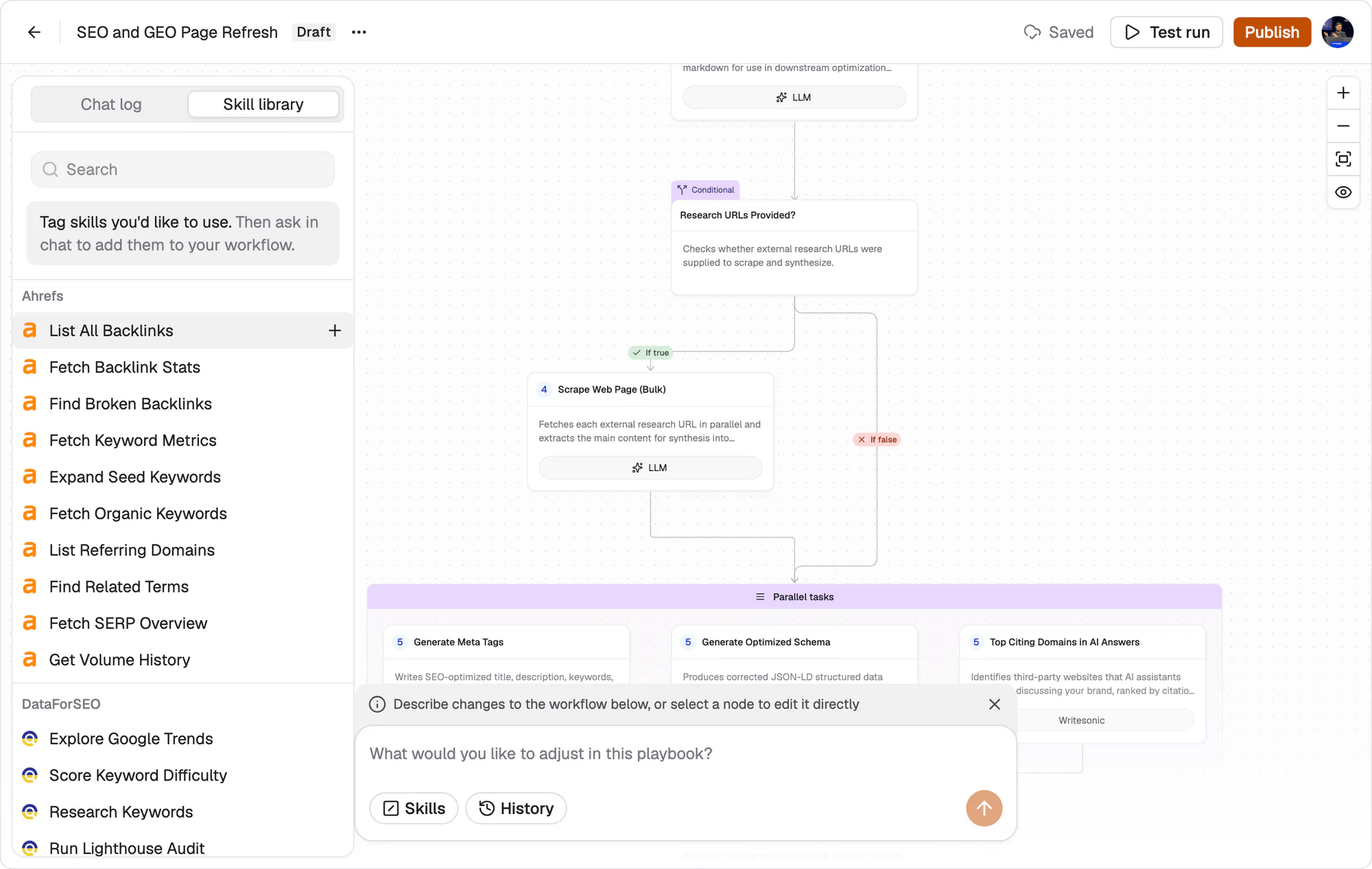 The playbook editor showing a node graph, the Skill library panel, and Test run and Publish buttons