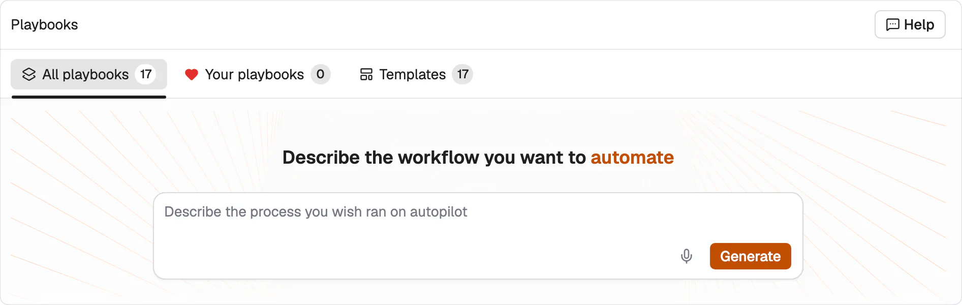 The describe-a-workflow box on the Playbooks screen, with a Generate button