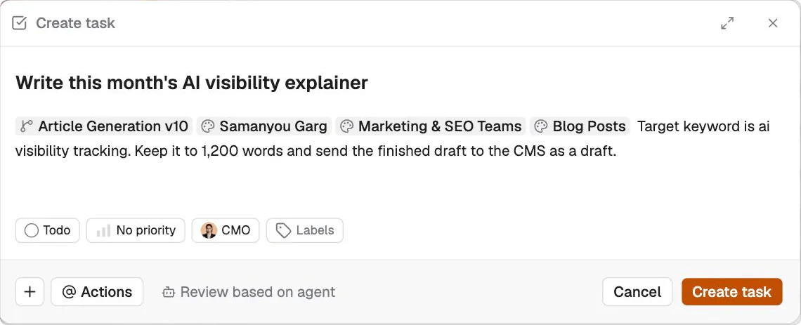 A Create task modal with a title and a description containing four tags followed by plain-text instructions