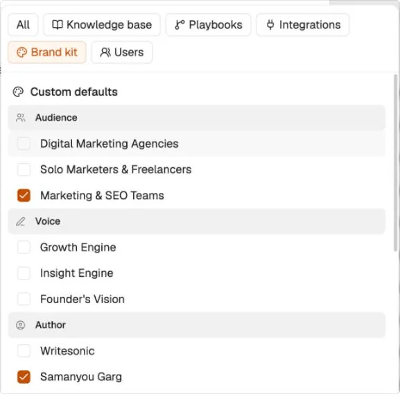 The Actions picker showing All, Knowledge base, Playbooks, Integrations, Brand kit and Users tabs, with Brand kit selected and Audience, Voice and Author groups listed