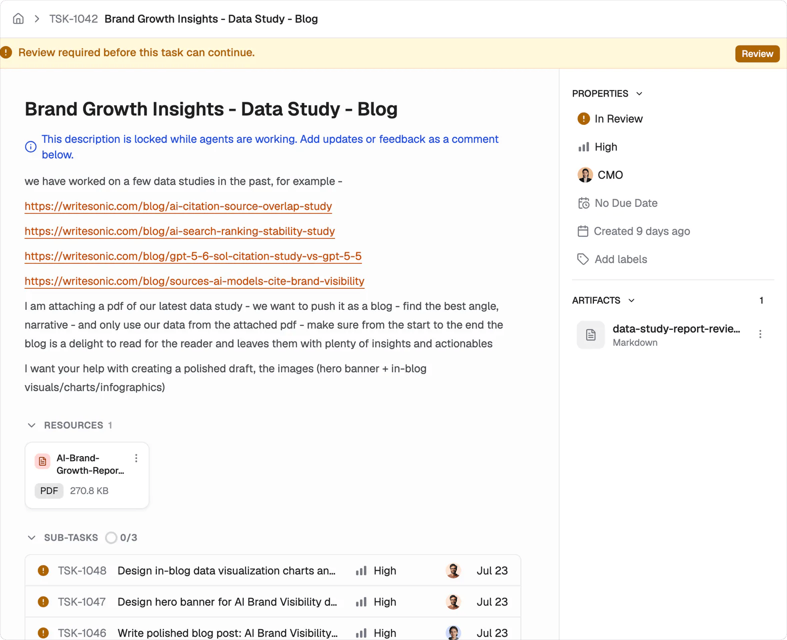 A Writesonic Agents task detail view showing the review banner, the brief, attached resources, subtasks and the properties rail