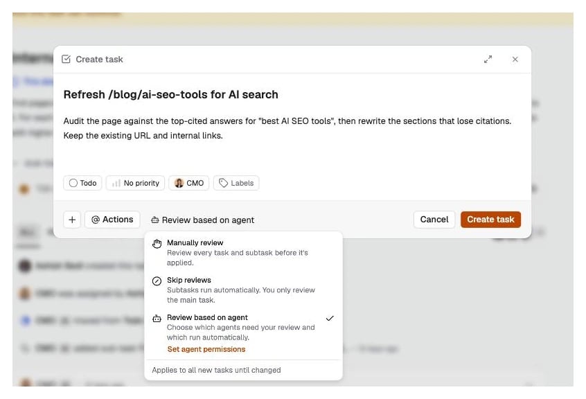 The three review modes in the New Task modal