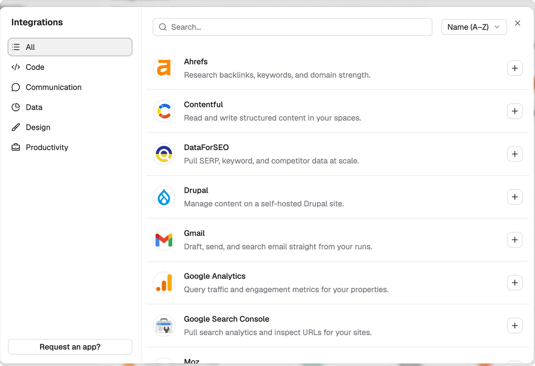 The integrations catalogue, with category filters and a Request an app button