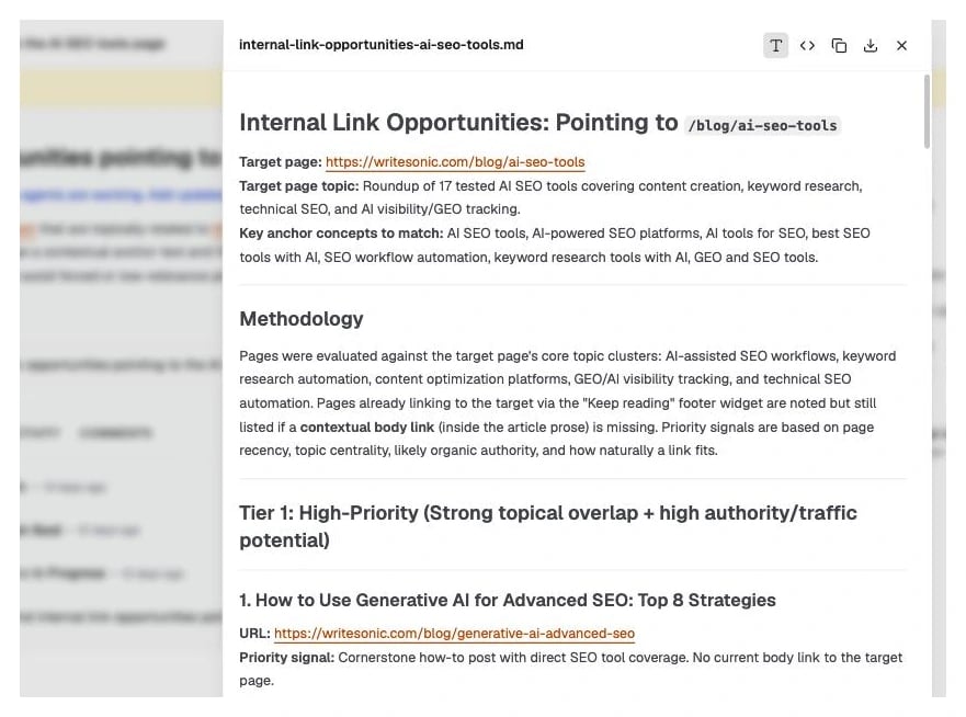 A task artifact listing internal link candidates, each with a URL, priority signal and placement