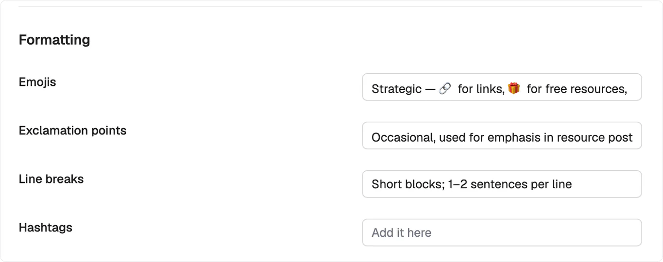The Brand Kit content type editor with fields for structure, formatting, CTA pattern, and examples