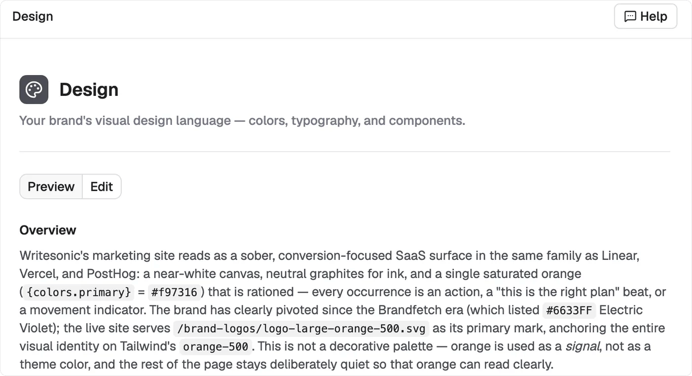 Brand Kit Design section showing a written visual system in Preview view