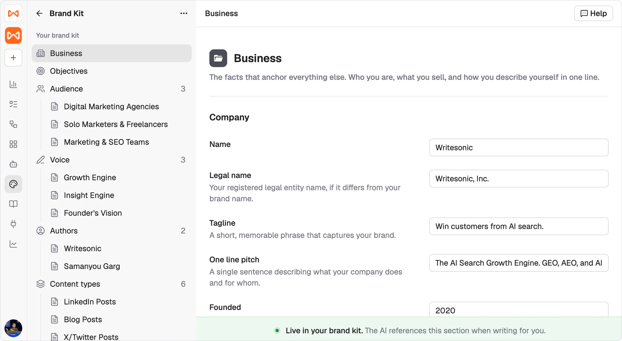 The Brand Kit sections under Context in the Writesonic sidebar