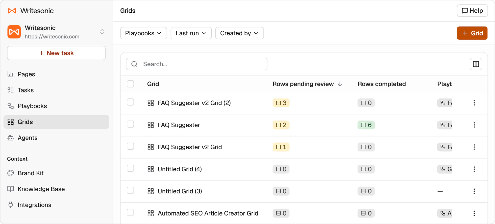 The Grids table showing rows pending review, rows completed and the playbook each grid uses