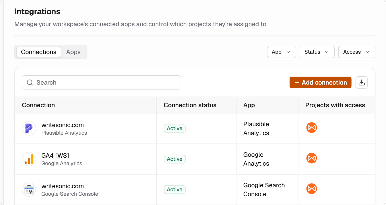 The Connections tab listing connected apps with their status, app and project access