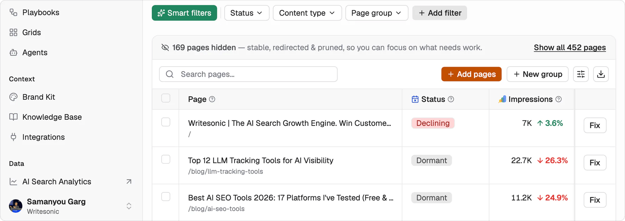 Pages table with smart filters, the hidden-pages banner, Add pages, New group, and the Status column